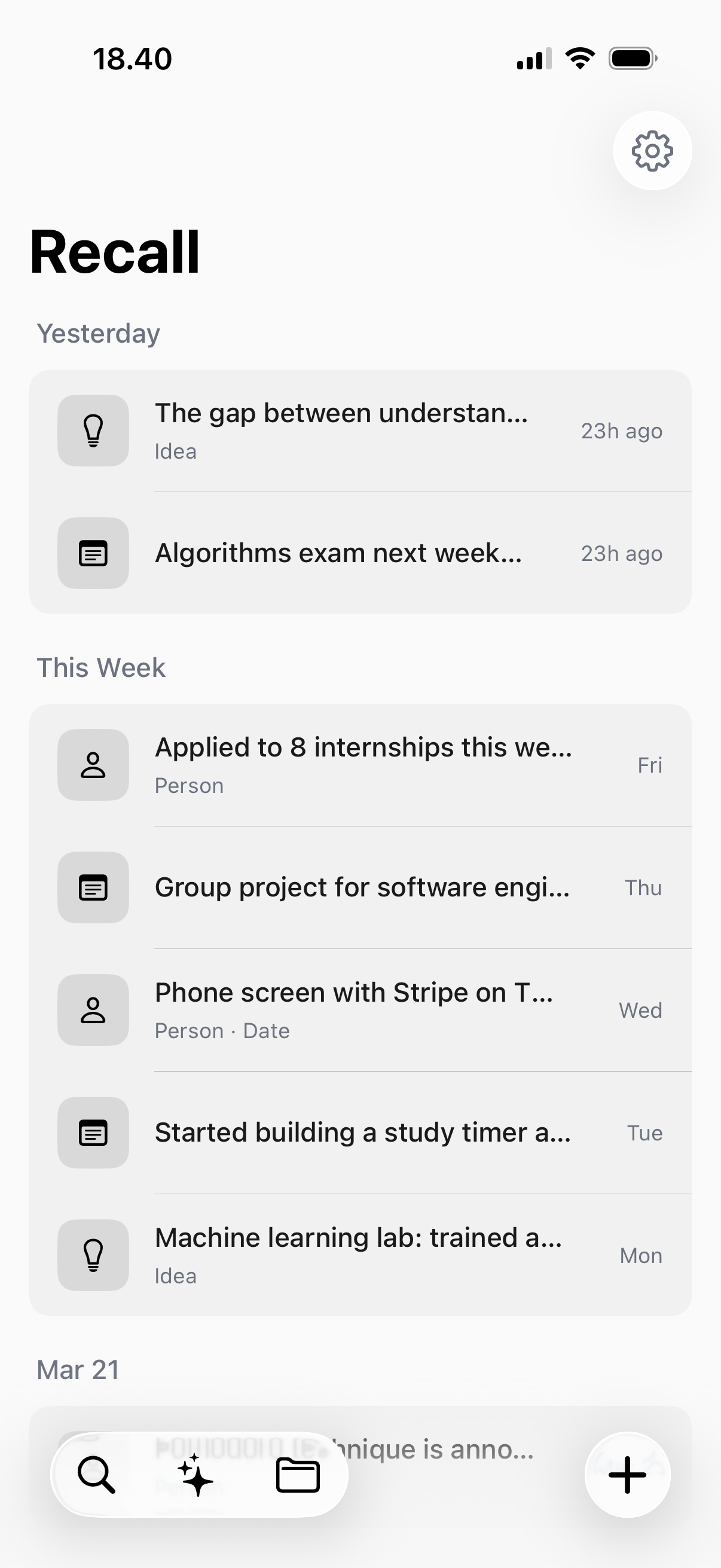 Recall app home screen showing notes grouped by date with auto-detected tags