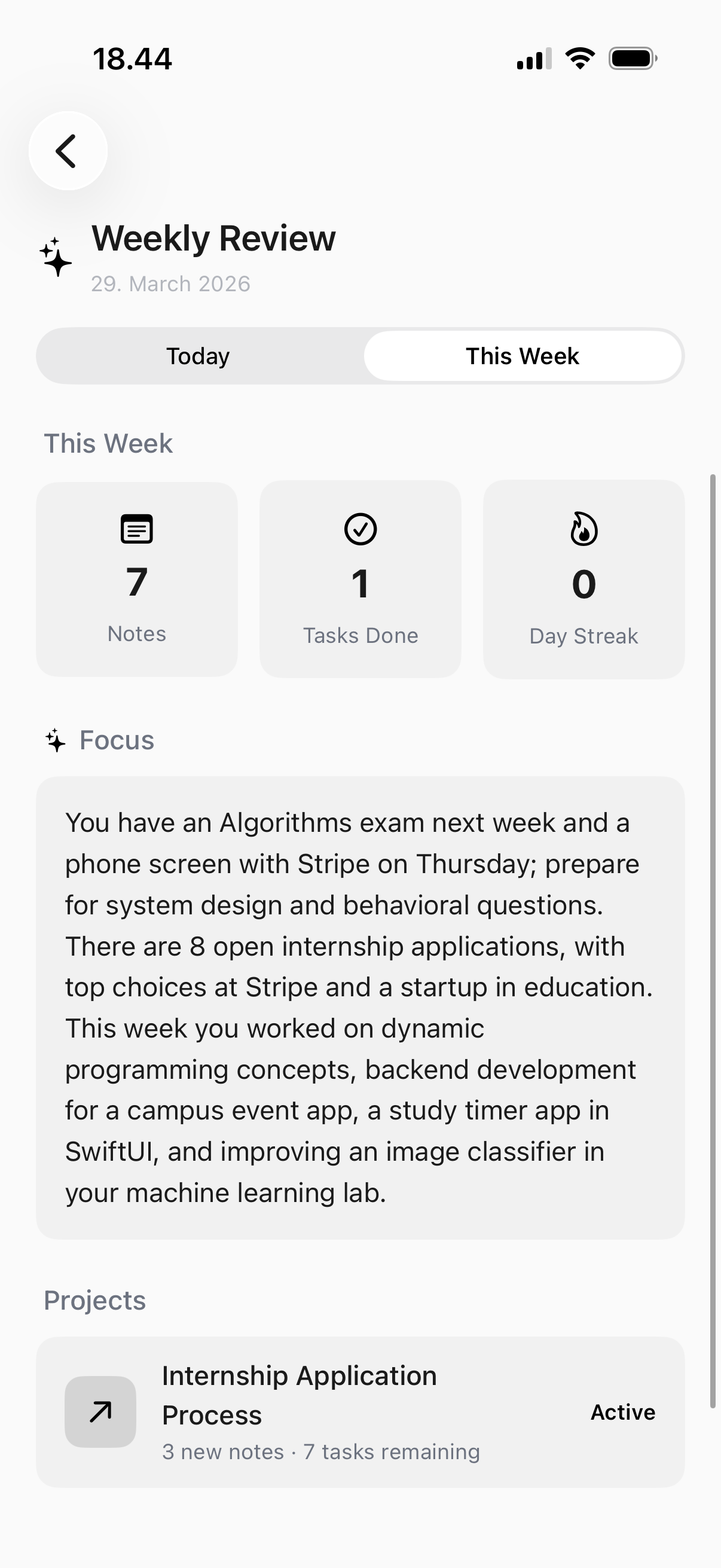 Weekly review showing notes captured, tasks completed, focus summary, and project updates